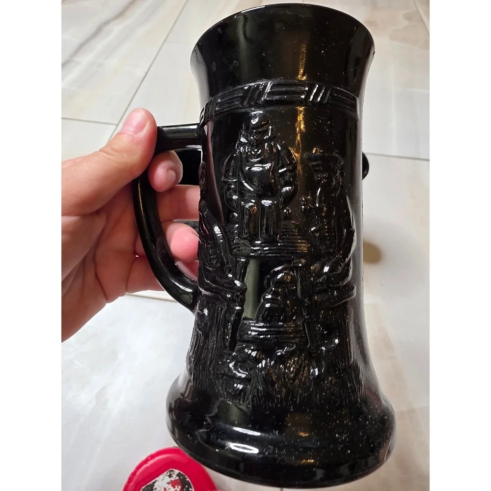 Vintage Black Amethyst Glass Beer‎ Stein Tavern Scene Embossed Mug Set of 3 A5